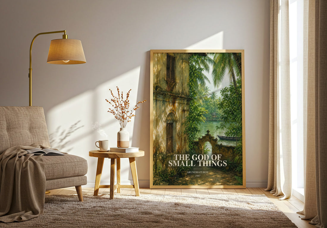 The God of Small Things watercolour print in frame leaning in hallway – literary fiction wall art (mockup)