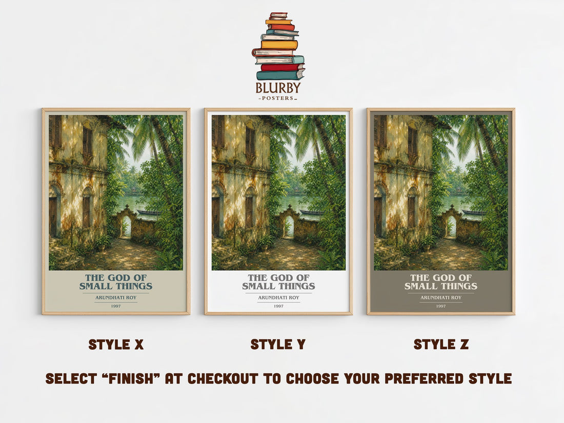 The God of Small Things book cover print in frame leaning in hallway – literary fiction wall art (mockup)
