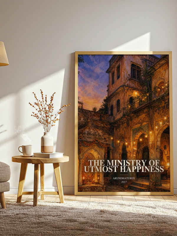 The Ministry of Utmost Happiness watercolour print in frame leaning in hallway – literary fiction wall art