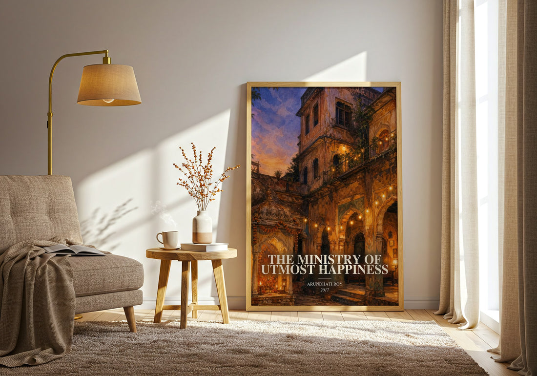 The Ministry of Utmost Happiness watercolour print in frame leaning in hallway – literary fiction wall art (mockup)