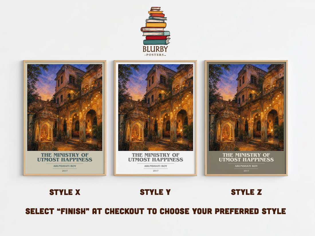 The Ministry of Utmost Happiness book cover print in frame leaning in hallway – literary fiction wall art (mockup)