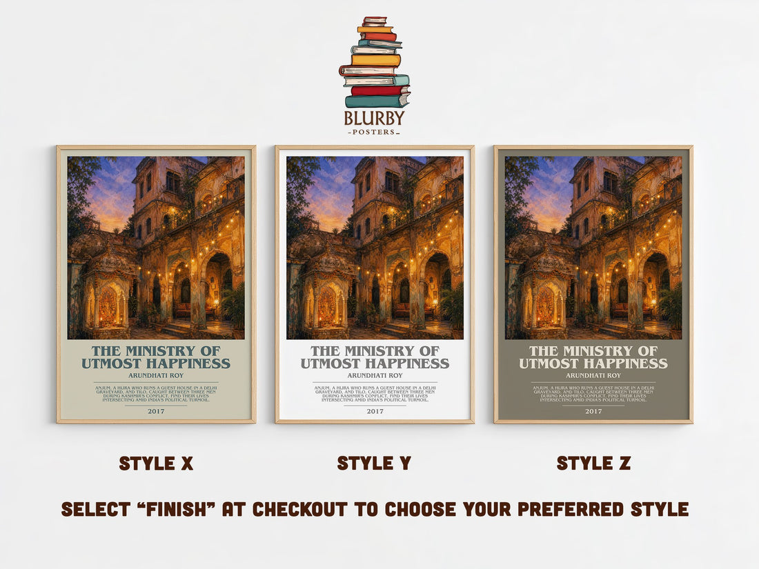 The Ministry of Utmost Happiness bookish print in frame leaning in hallway – literary fiction wall art (mockup)