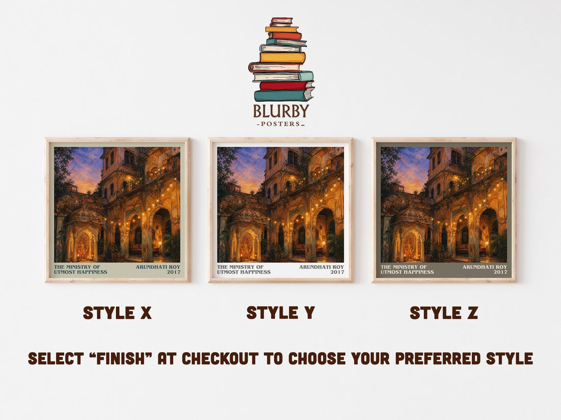 The Ministry of Utmost Happiness literary print in frame leaning in hallway – literary fiction wall art (mockup)