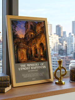 The Ministry of Utmost Happiness bookish print framed by window – literary home decor