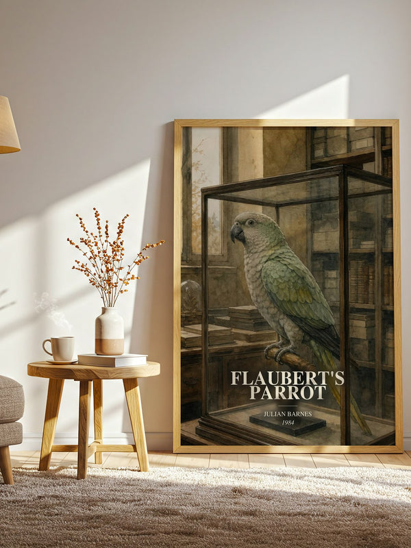 Flaubert's Parrot watercolour print in frame leaning in hallway – literary fiction wall art