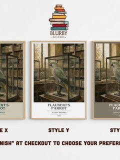Flaubert's Parrot book cover print in frame leaning in hallway – literary fiction wall art