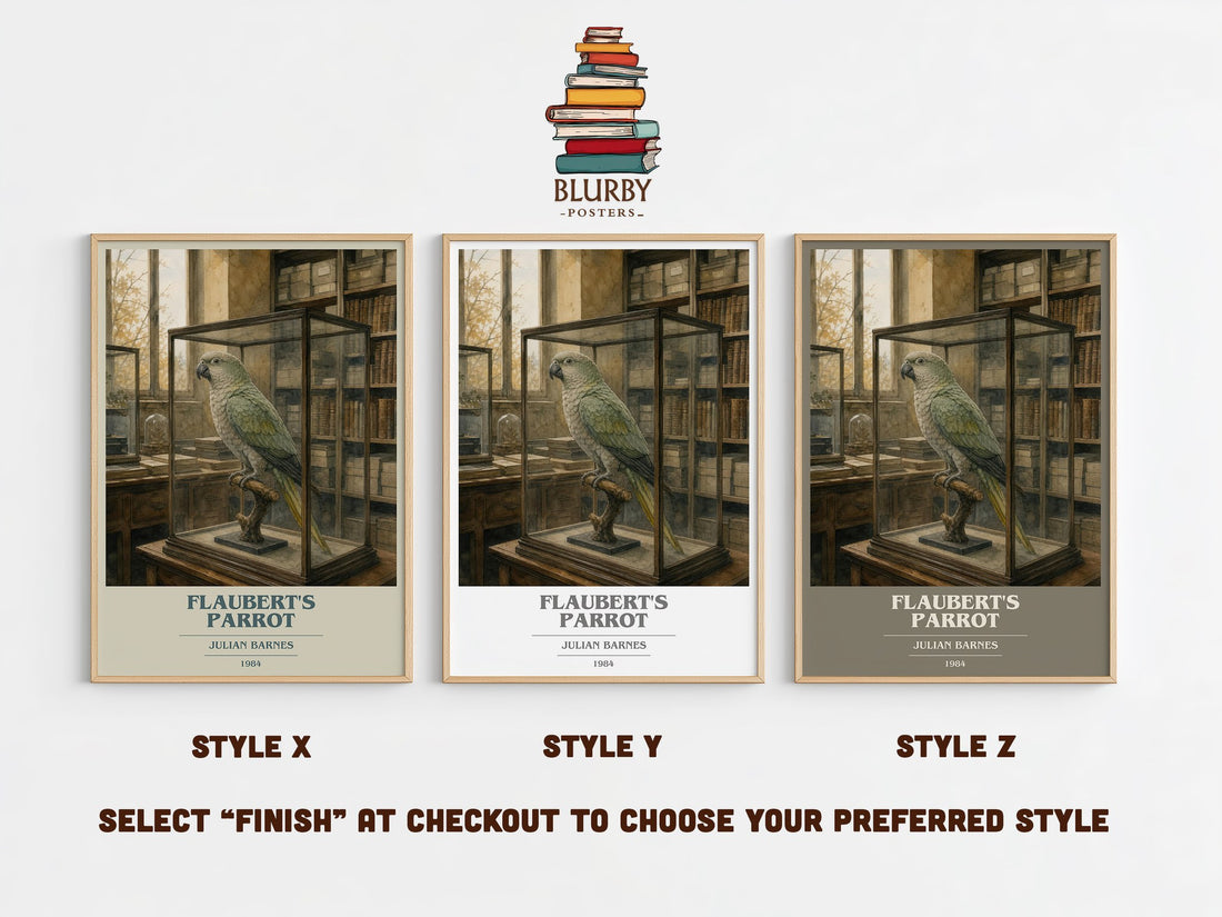 Flaubert's Parrot book cover print in frame leaning in hallway – literary fiction wall art (mockup)
