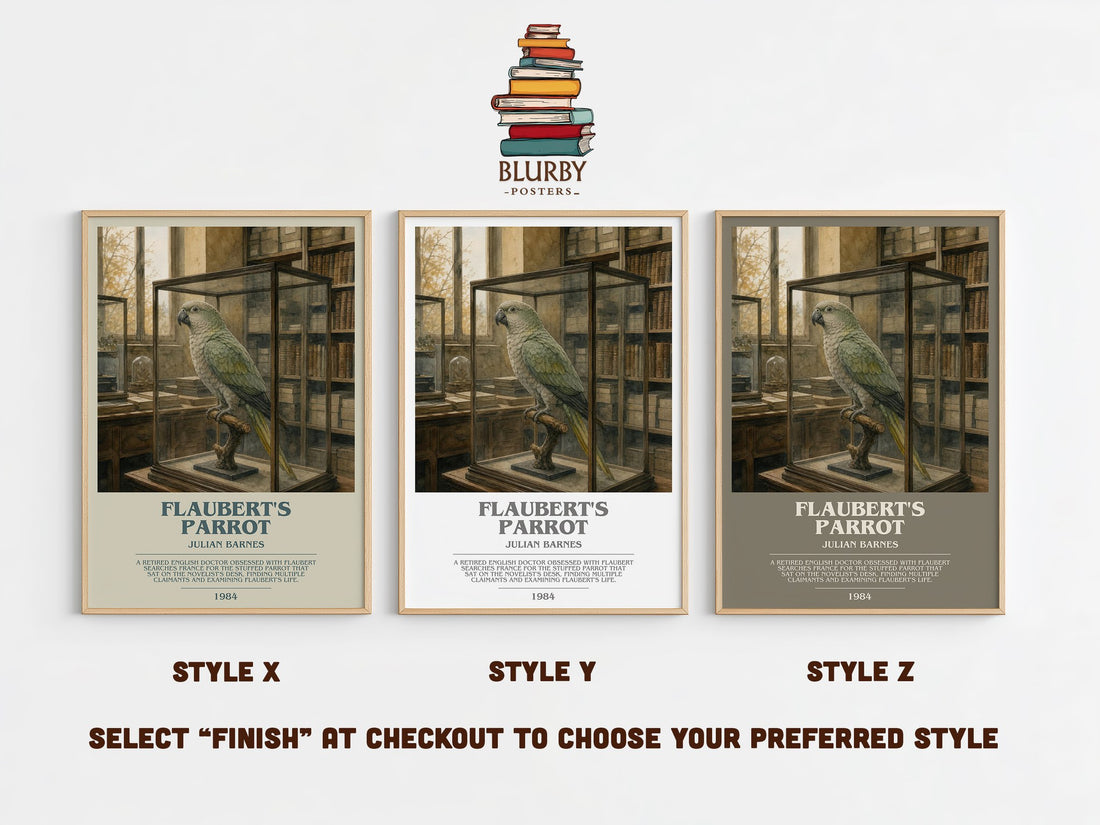 Flaubert's Parrot bookish print in frame leaning in hallway – literary fiction wall art (mockup)