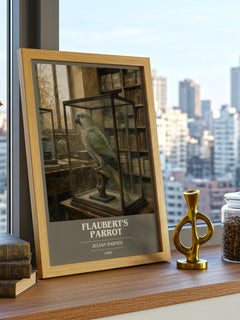 Flaubert's Parrot book cover print framed by window – literary home decor