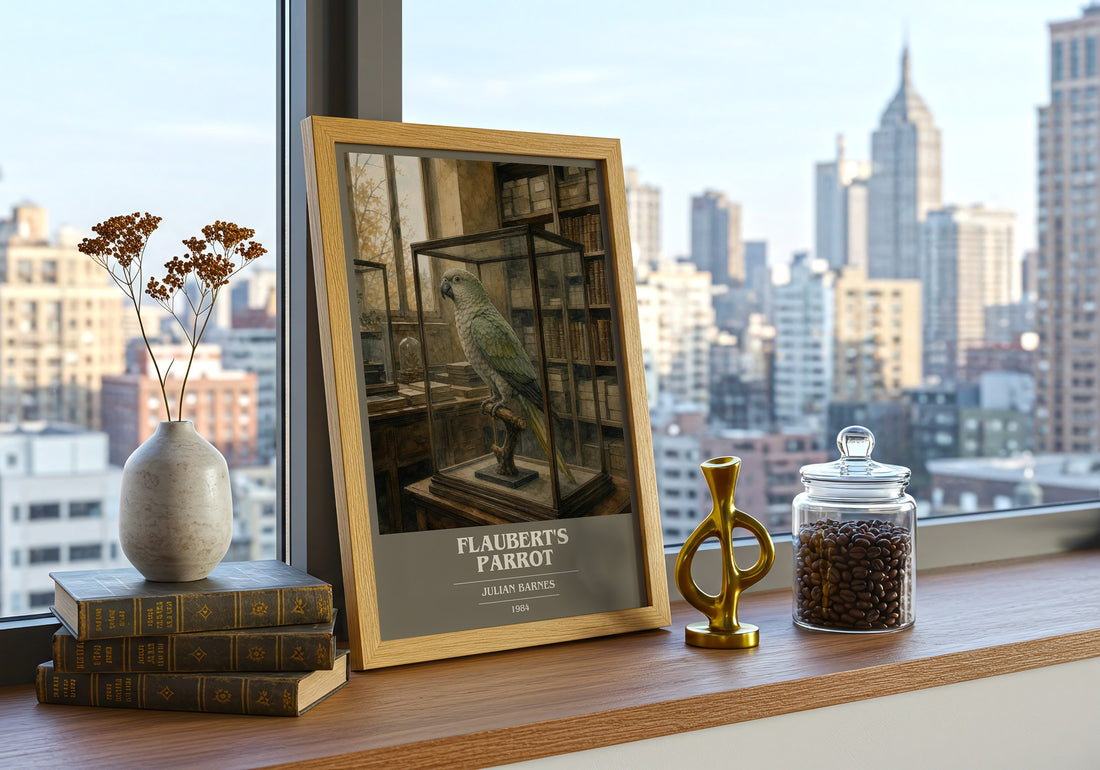 Flaubert's Parrot book cover print framed by window – literary home decor