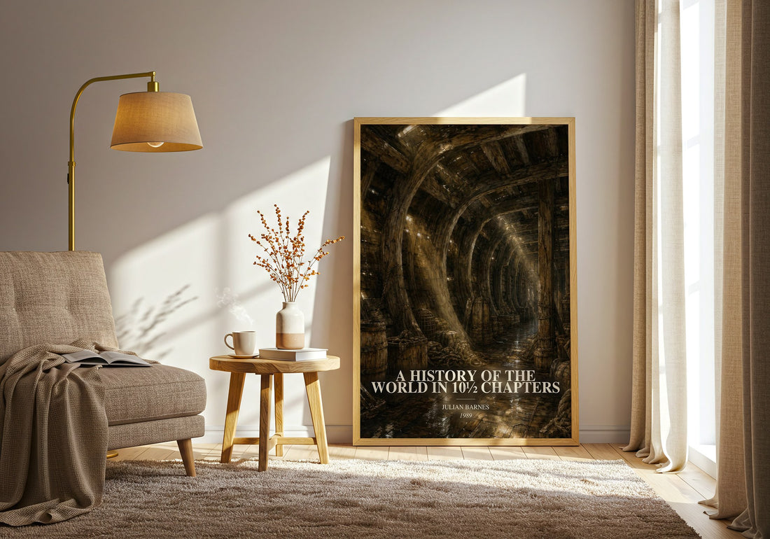 A History of the World in 10½ Chapters watercolour print in frame leaning in hallway – literary fiction wall art (mockup)