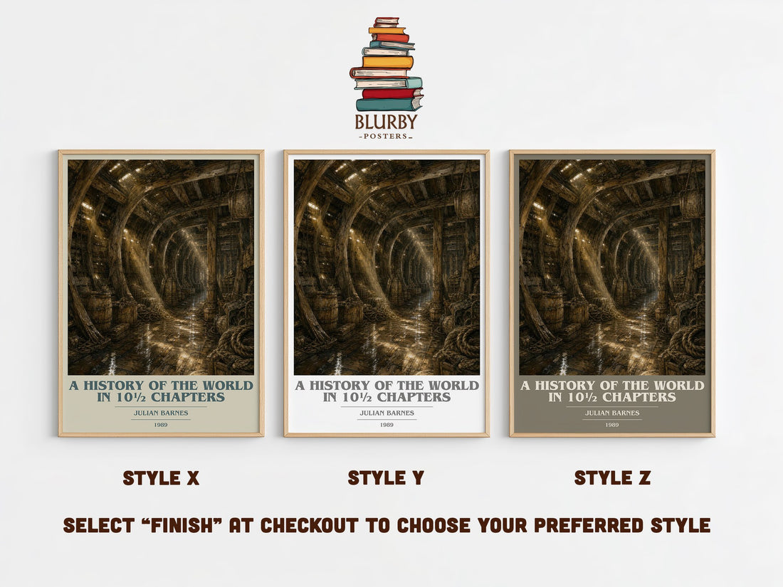 A History of the World in 10½ Chapters book cover print in frame leaning in hallway – literary fiction wall art (mockup)