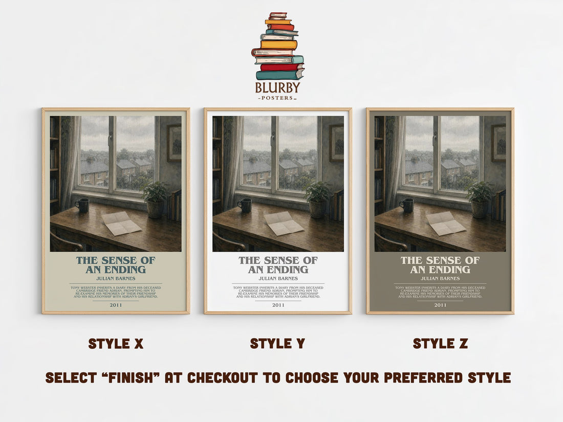 The Sense of an Ending bookish print in frame leaning in hallway – literary fiction wall art (mockup)