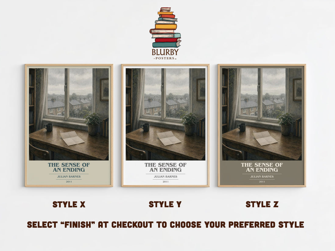 The Sense of an Ending book cover print in frame leaning in hallway – literary fiction wall art (mockup)