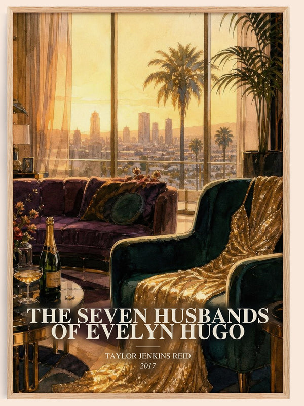 The Seven Husbands of Evelyn Hugo watercolour book poster by Taylor Jenkins Reid – framed literary art print