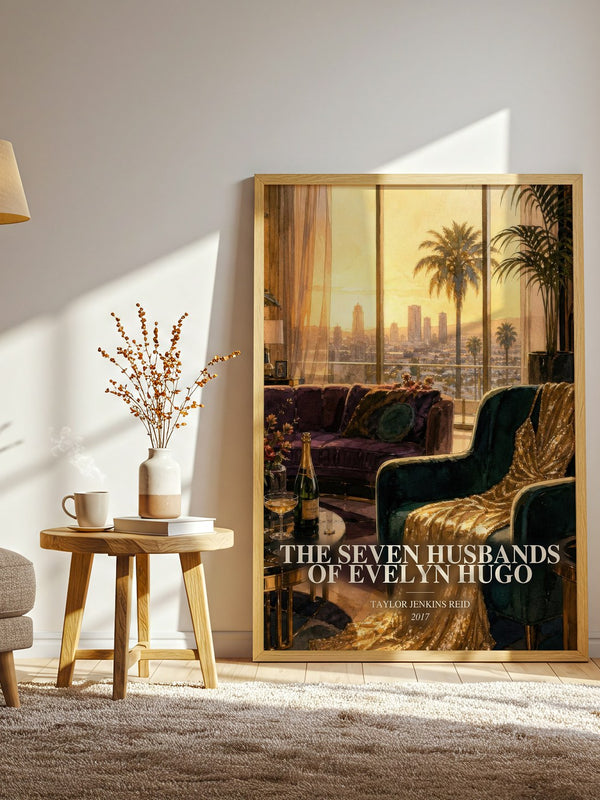 The Seven Husbands of Evelyn Hugo watercolour print in frame leaning in hallway – contemporary fiction wall art