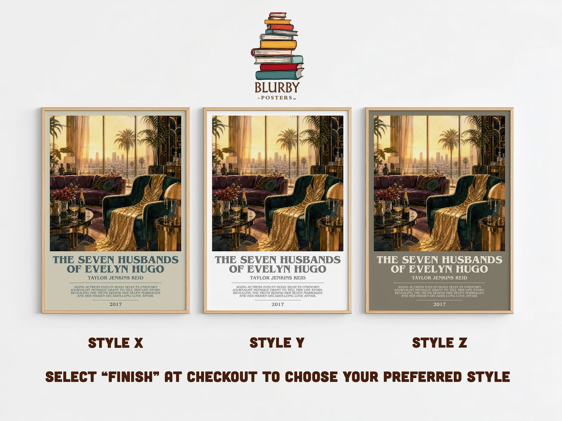 The Seven Husbands of Evelyn Hugo bookish print in frame leaning in hallway – contemporary fiction wall art (mockup)