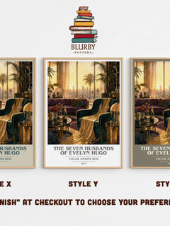 The Seven Husbands of Evelyn Hugo book cover print in frame leaning in hallway – contemporary fiction wall art