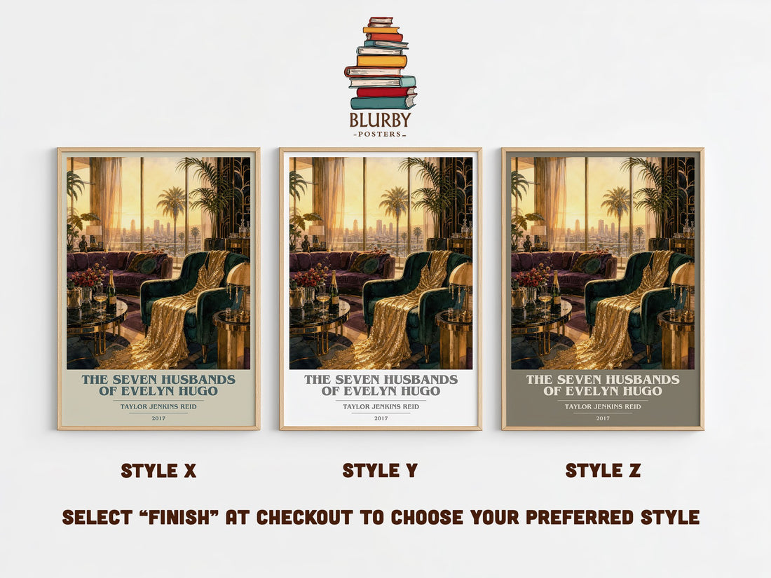 The Seven Husbands of Evelyn Hugo book cover print in frame leaning in hallway – contemporary fiction wall art (mockup)
