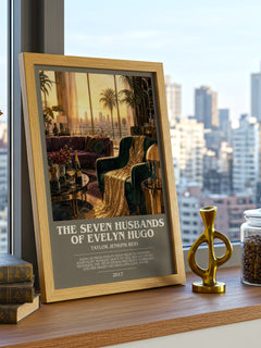 The Seven Husbands of Evelyn Hugo bookish print framed by window – literary home decor