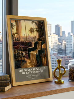 The Seven Husbands of Evelyn Hugo book cover print framed by window – literary home decor