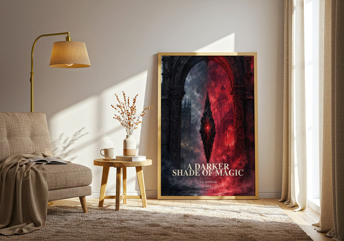 A Darker Shade of Magic watercolour print in frame leaning in hallway – fantasy wall art (mockup)