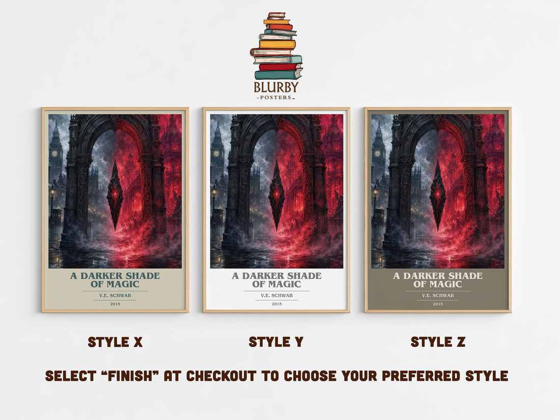 A Darker Shade of Magic book cover print in frame leaning in hallway – fantasy wall art (mockup)