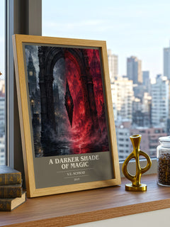 A Darker Shade of Magic book cover print framed by window – literary home decor