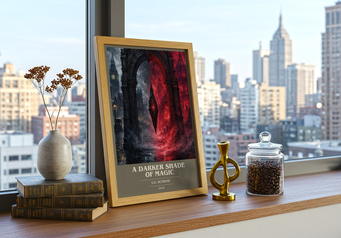 A Darker Shade of Magic book cover print framed by window – literary home decor