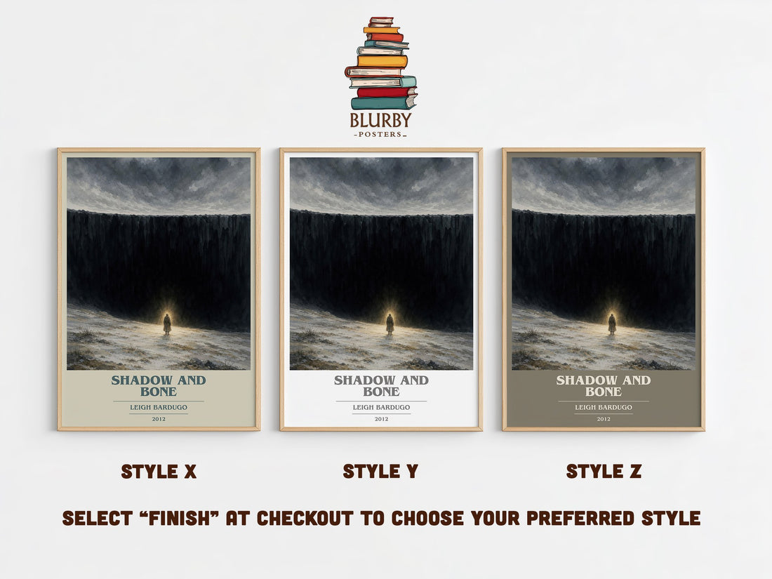 Shadow and Bone book cover print in frame leaning in hallway – fantasy wall art (mockup)