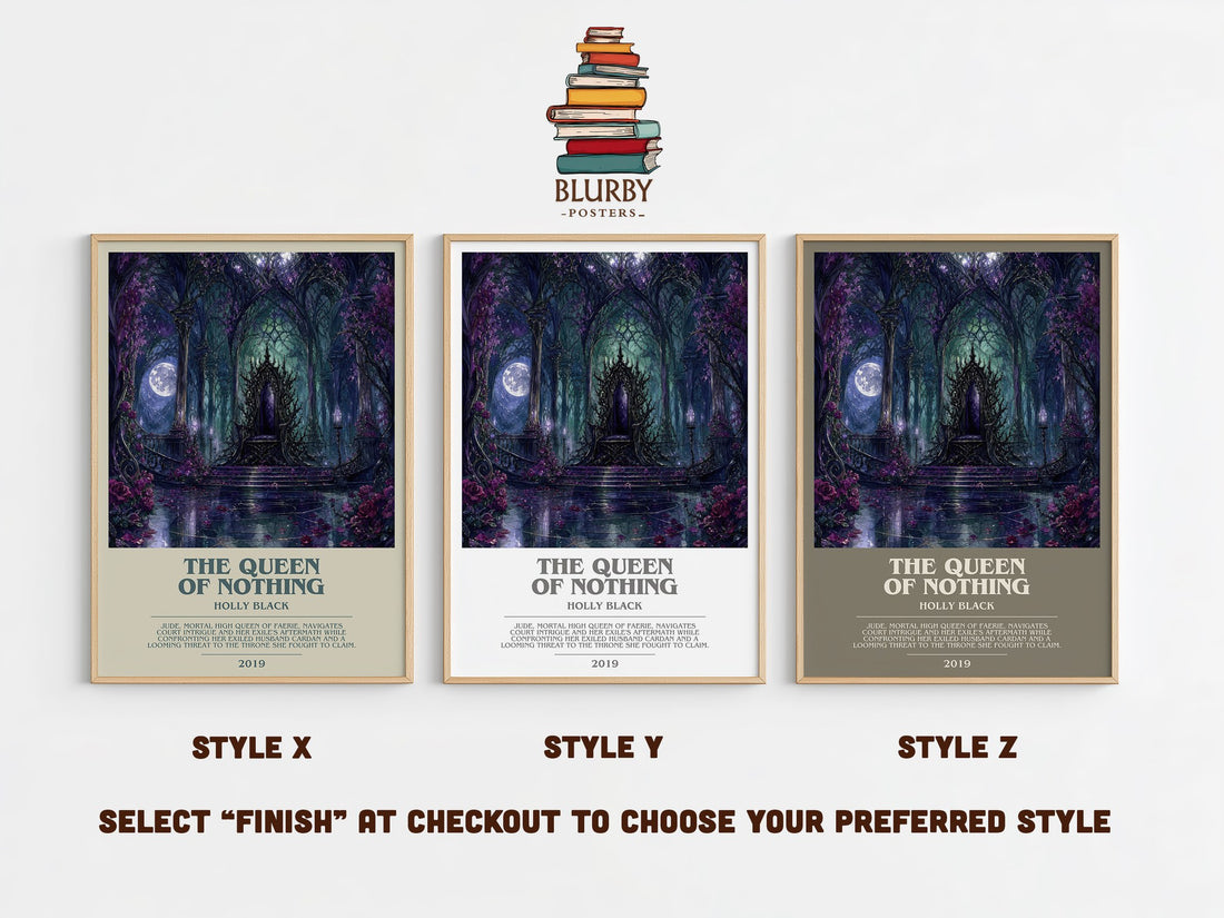 The Queen of Nothing bookish print in frame leaning in hallway – fantasy wall art (mockup)