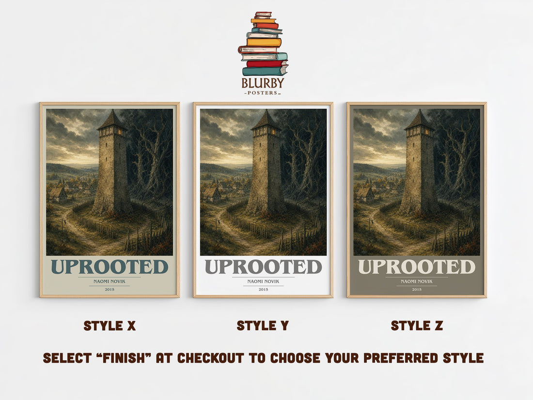 Uprooted book cover print in frame leaning in hallway – fantasy wall art (mockup)