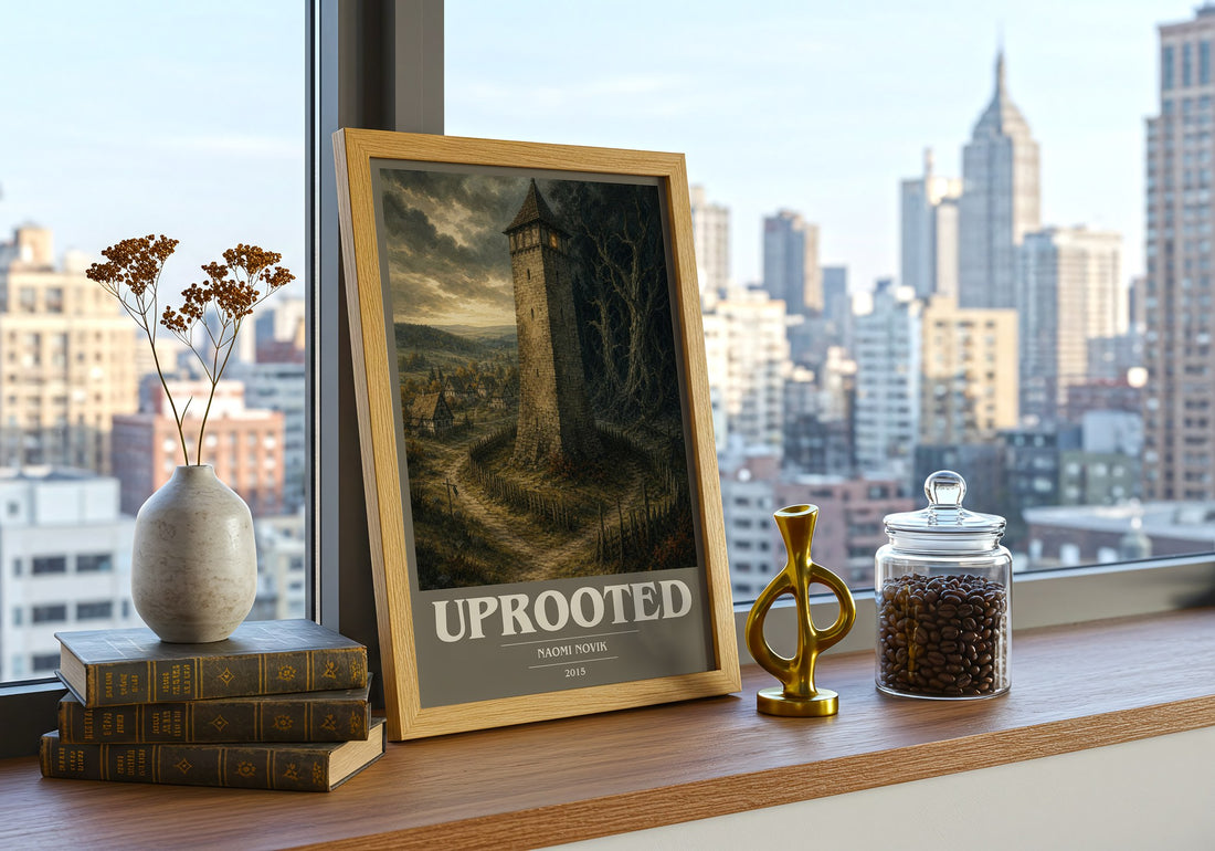 Uprooted book cover print framed by window – literary home decor