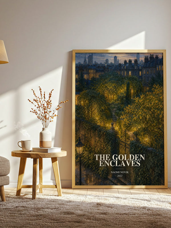 The Golden Enclaves watercolour print in frame leaning in hallway – fantasy wall art
