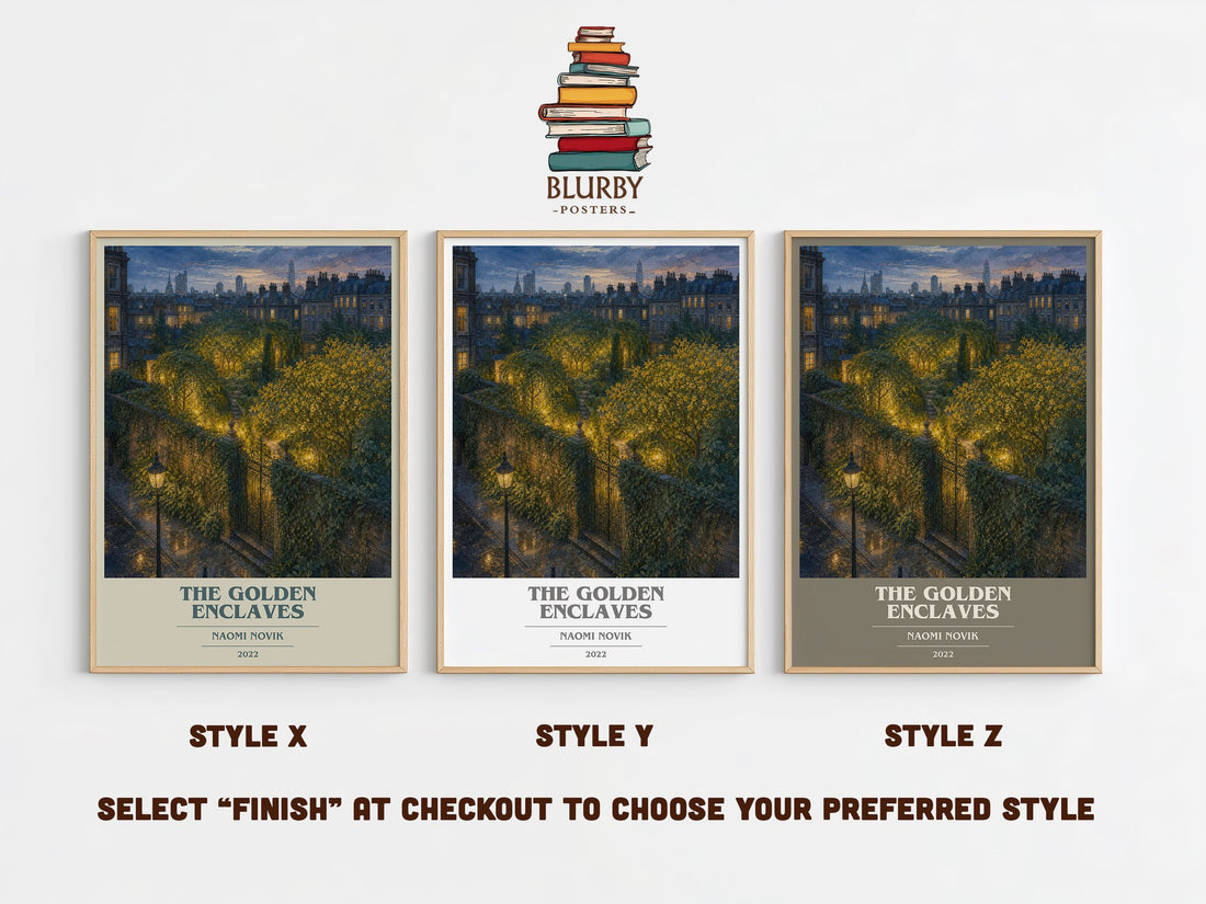 The Golden Enclaves book cover print in frame leaning in hallway – fantasy wall art (mockup)