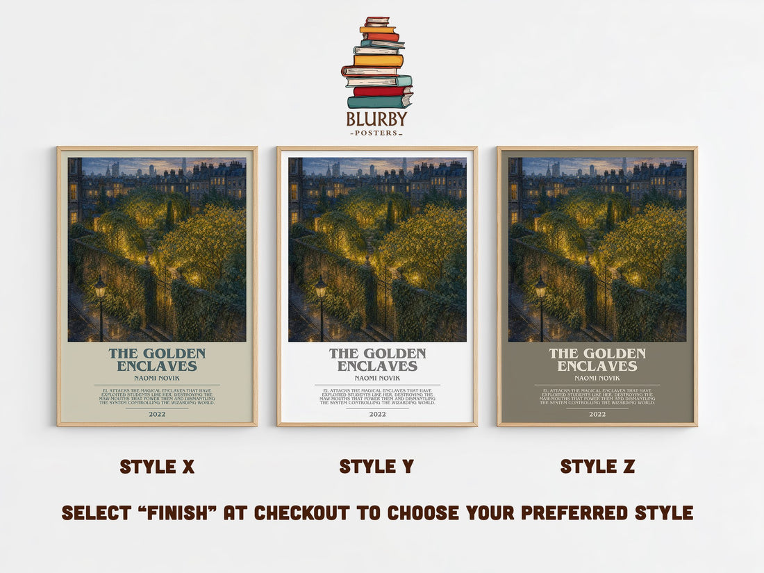 The Golden Enclaves bookish print in frame leaning in hallway – fantasy wall art (mockup)