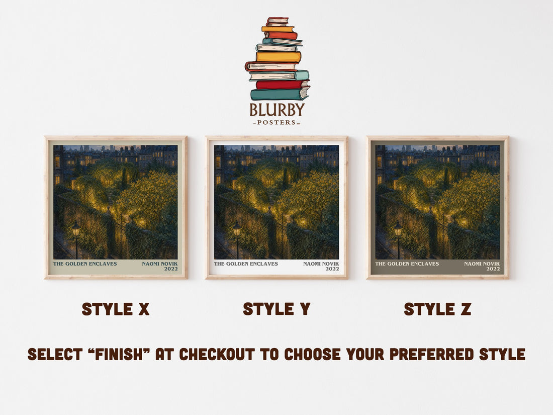 The Golden Enclaves literary print in frame leaning in hallway – fantasy wall art (mockup)