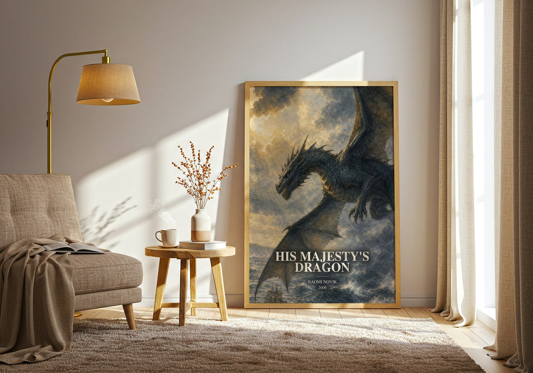 His Majesty's Dragon watercolour print in frame leaning in hallway – fantasy wall art (mockup)