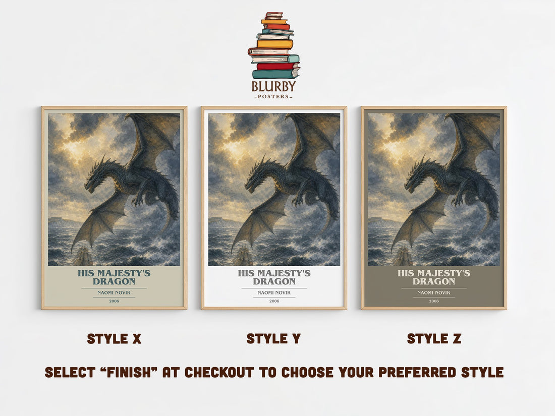 His Majesty's Dragon book cover print in frame leaning in hallway – fantasy wall art (mockup)