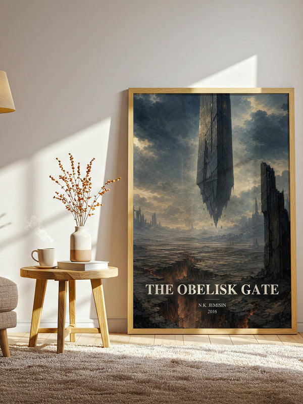 The Obelisk Gate watercolour print in frame leaning in hallway – fantasy wall art