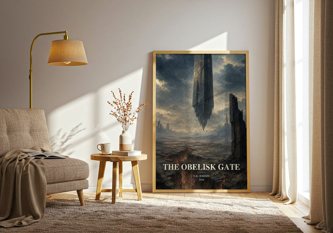 The Obelisk Gate watercolour print in frame leaning in hallway – fantasy wall art (mockup)