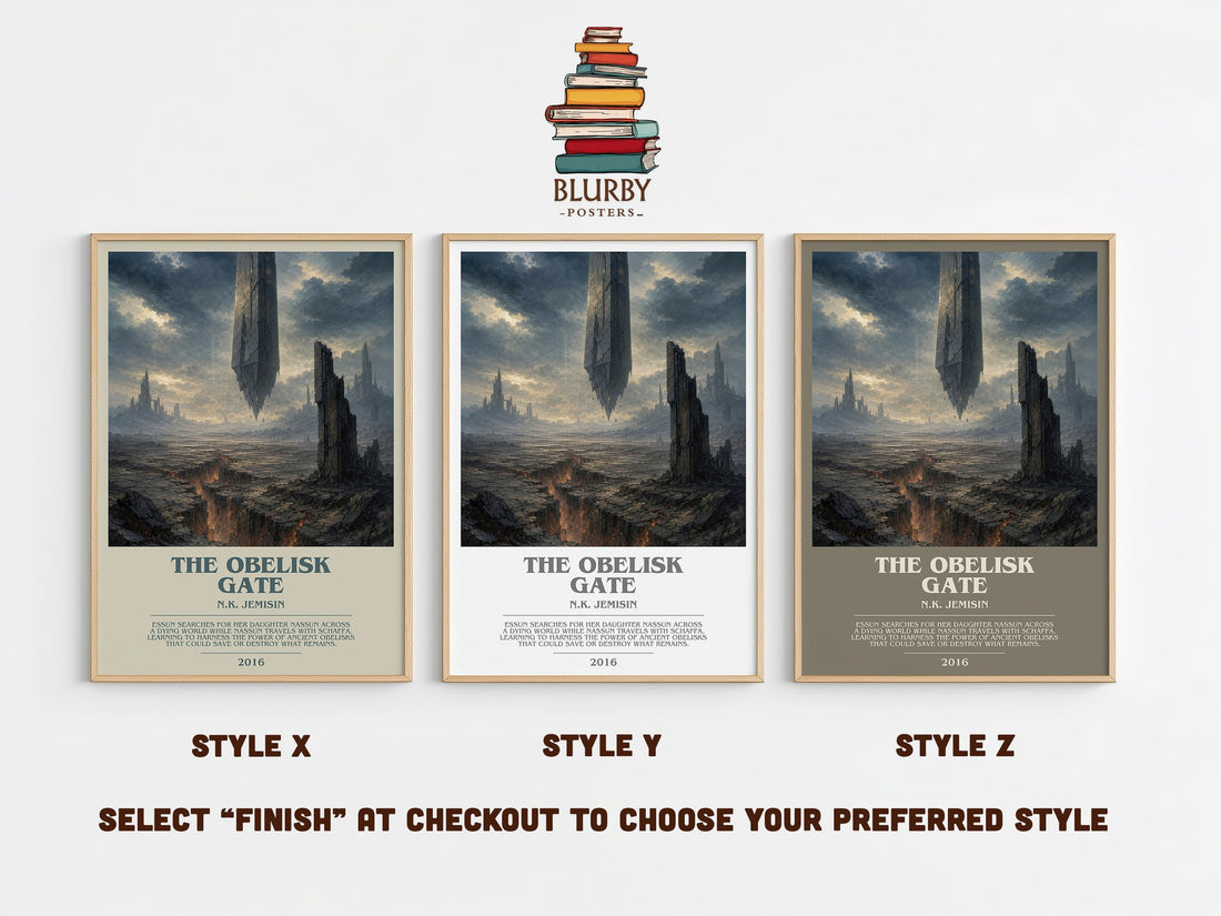 The Obelisk Gate bookish print in frame leaning in hallway – fantasy wall art (mockup)