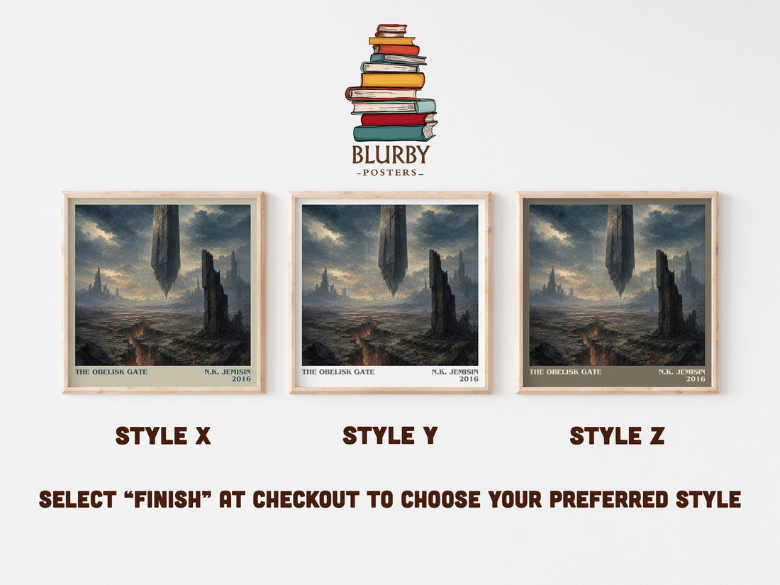 The Obelisk Gate literary print in frame leaning in hallway – fantasy wall art (mockup)