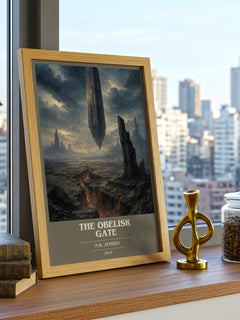 The Obelisk Gate book cover print framed by window – literary home decor