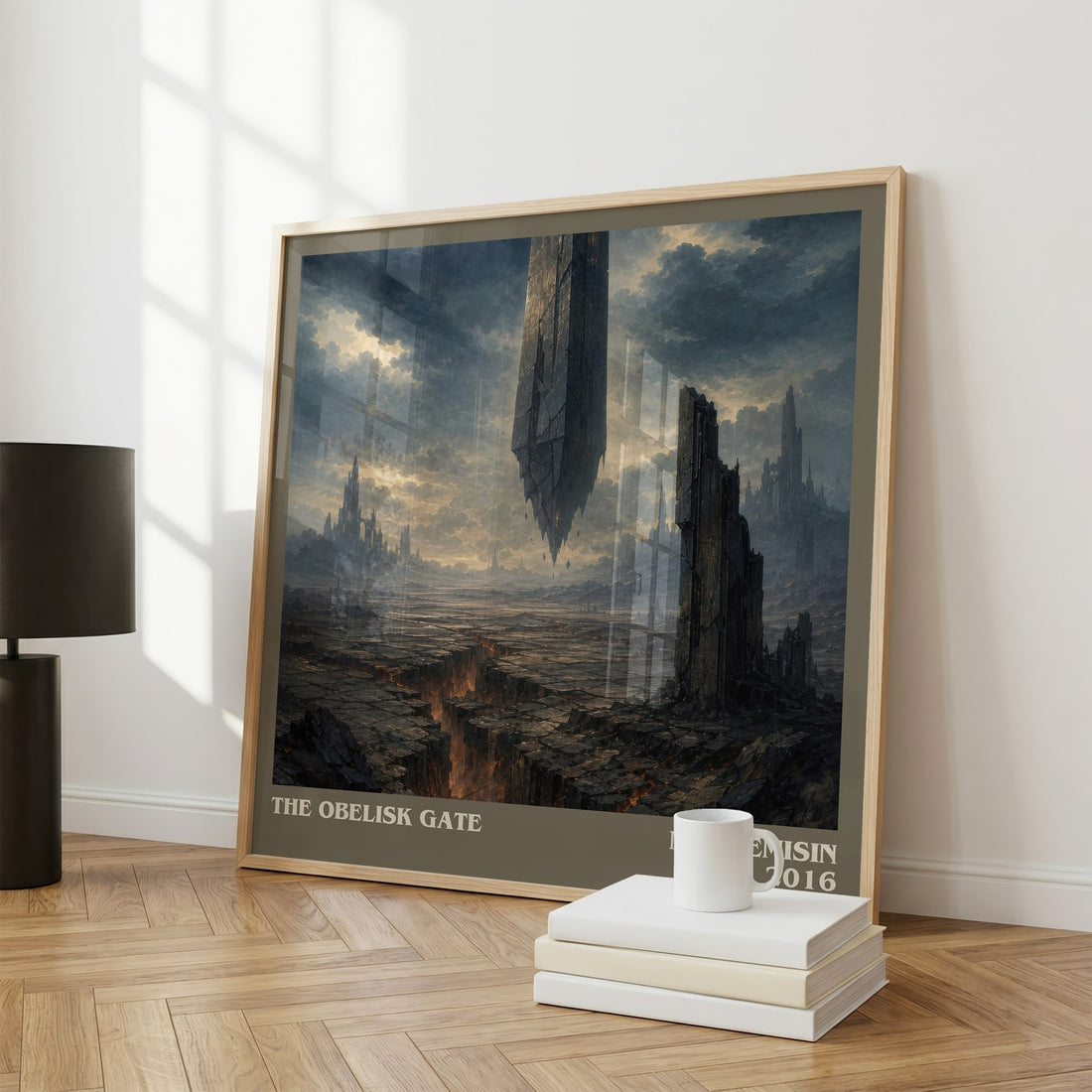 The Obelisk Gate literary print framed by window – literary home decor
