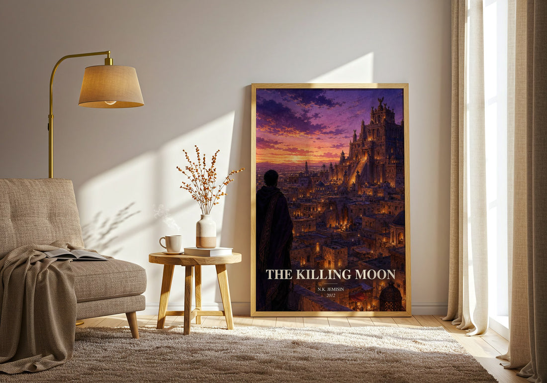 The Killing Moon watercolour print in frame leaning in hallway – fantasy wall art (mockup)