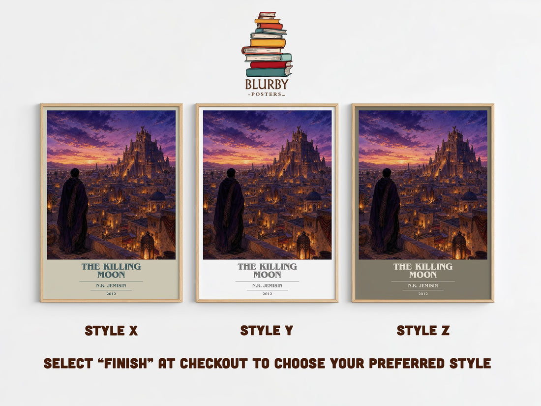 The Killing Moon book cover print in frame leaning in hallway – fantasy wall art (mockup)