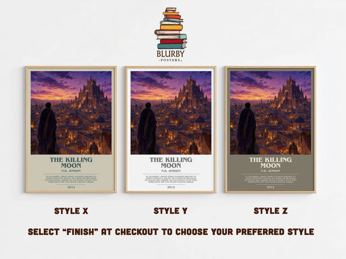 The Killing Moon bookish print in frame leaning in hallway – fantasy wall art (mockup)