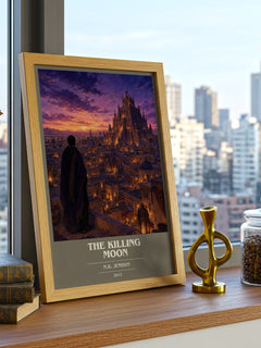 The Killing Moon book cover print framed by window – literary home decor