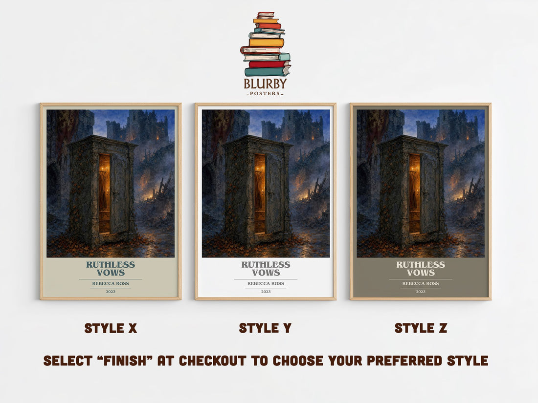 Ruthless Vows book cover print in frame leaning in hallway – fantasy wall art (mockup)